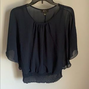 BCX Navy Blue Sheer Blouse with Smocked Hem